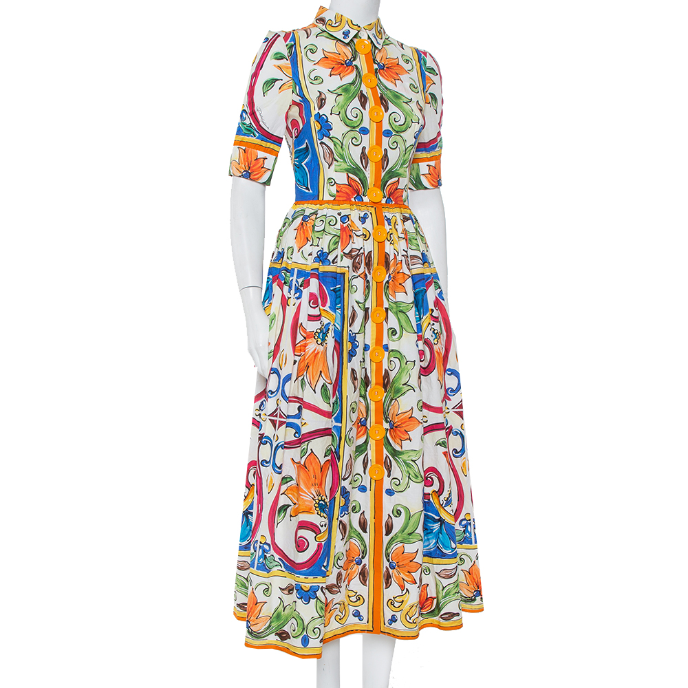 

Dolce & Gabbana White Majolica Printed Cotton Collared Midi Dress