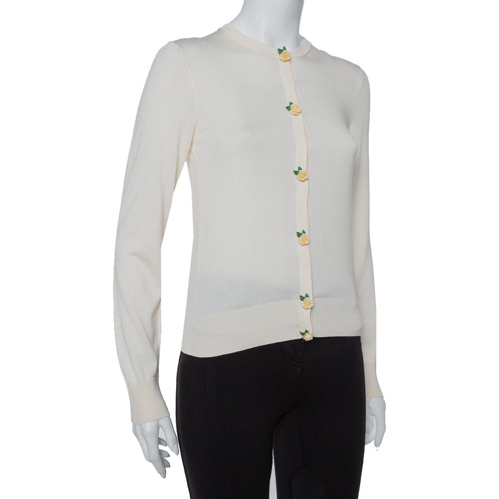 

Dolce & Gabbana Cream Silk Knit Rose Button Detail Cardigan