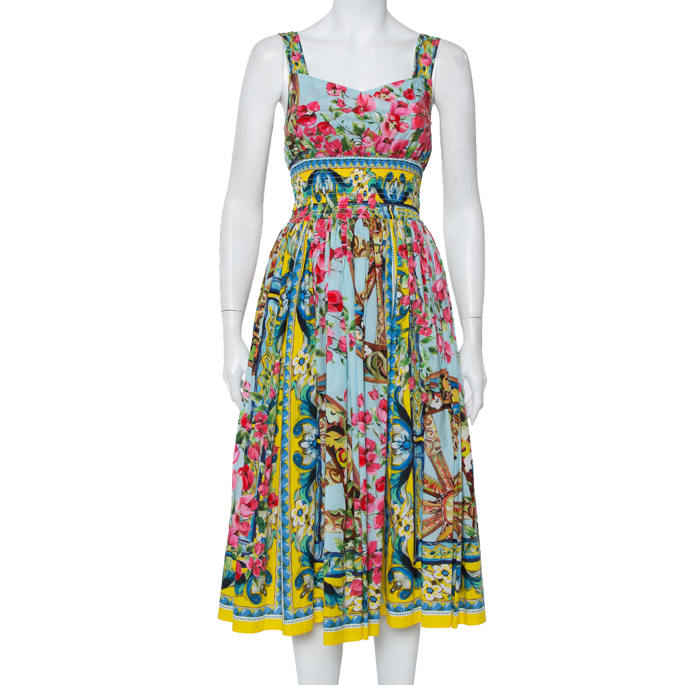 Pre-owned Dolce & Gabbana Floral Print Smocked Waist Sleeveless Cotton Poplin Dress S In Multicolor