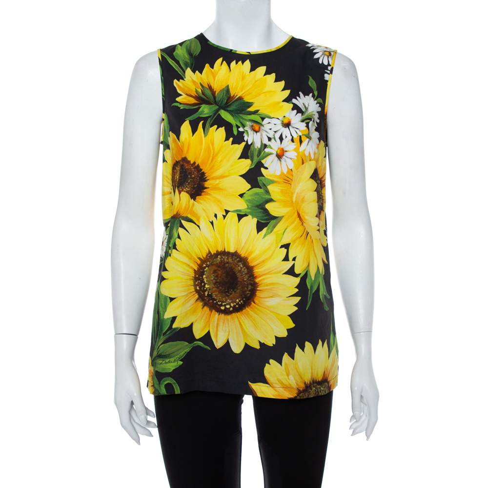 Pre-owned Dolce & Gabbana Black Sunflower Print Cotton Sleeveless Top S