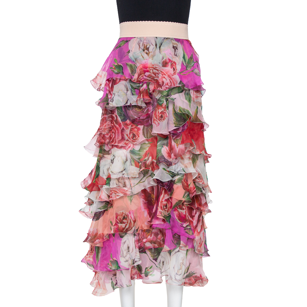 Pre-owned Dolce & Gabbana Pink Floral Print Silk Ruffled Maxi Skirt M