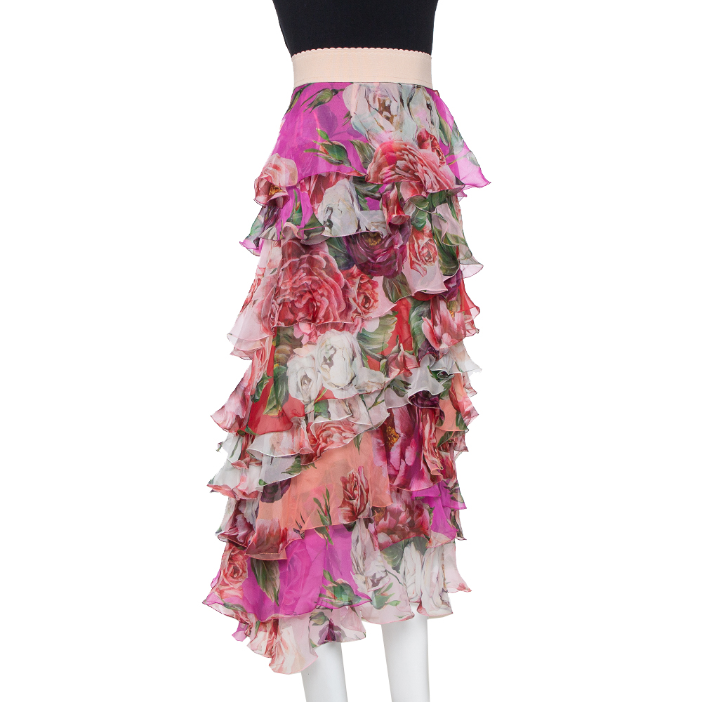 

Dolce & Gabbana Pink Floral Print Silk Ruffled Maxi Skirt