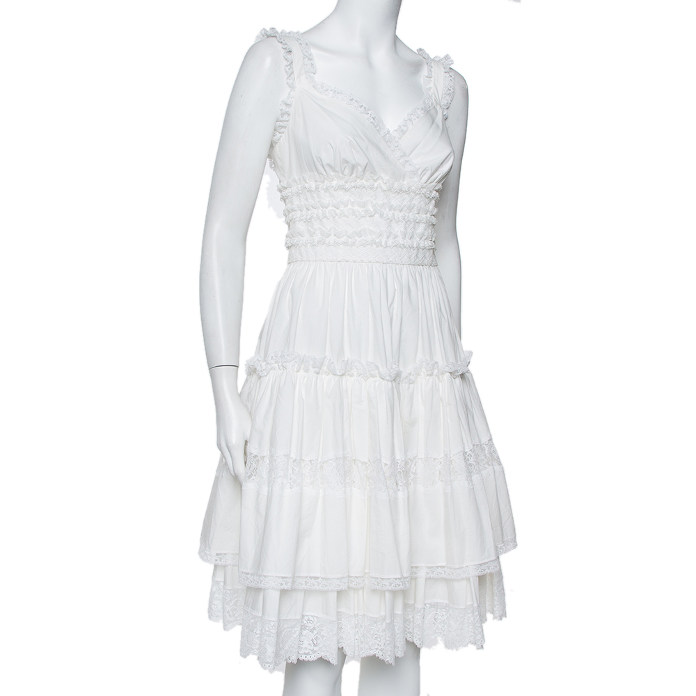 

Dolce & Gabbana White Cotton Lace Trim Detail Tiered Mini Dress