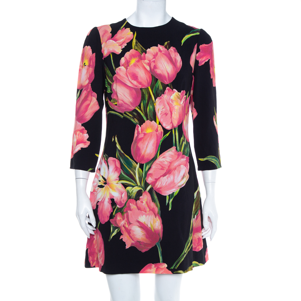 Pre-owned Dolce & Gabbana Black Tulip Print Crepe Shift Dress L