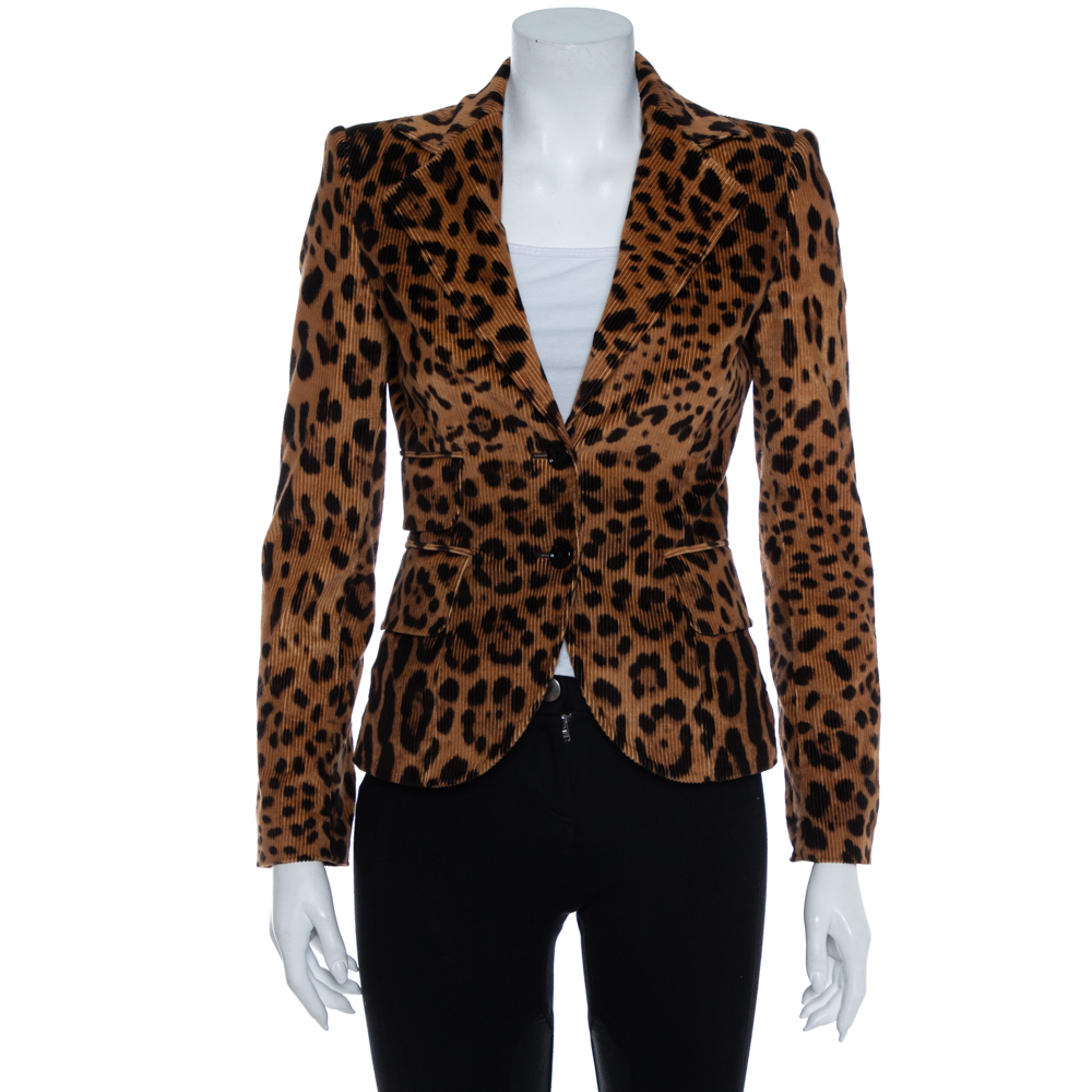 Pre-owned Dolce & Gabbana Vintage Leopard Print Corduroy Blazer S In Brown