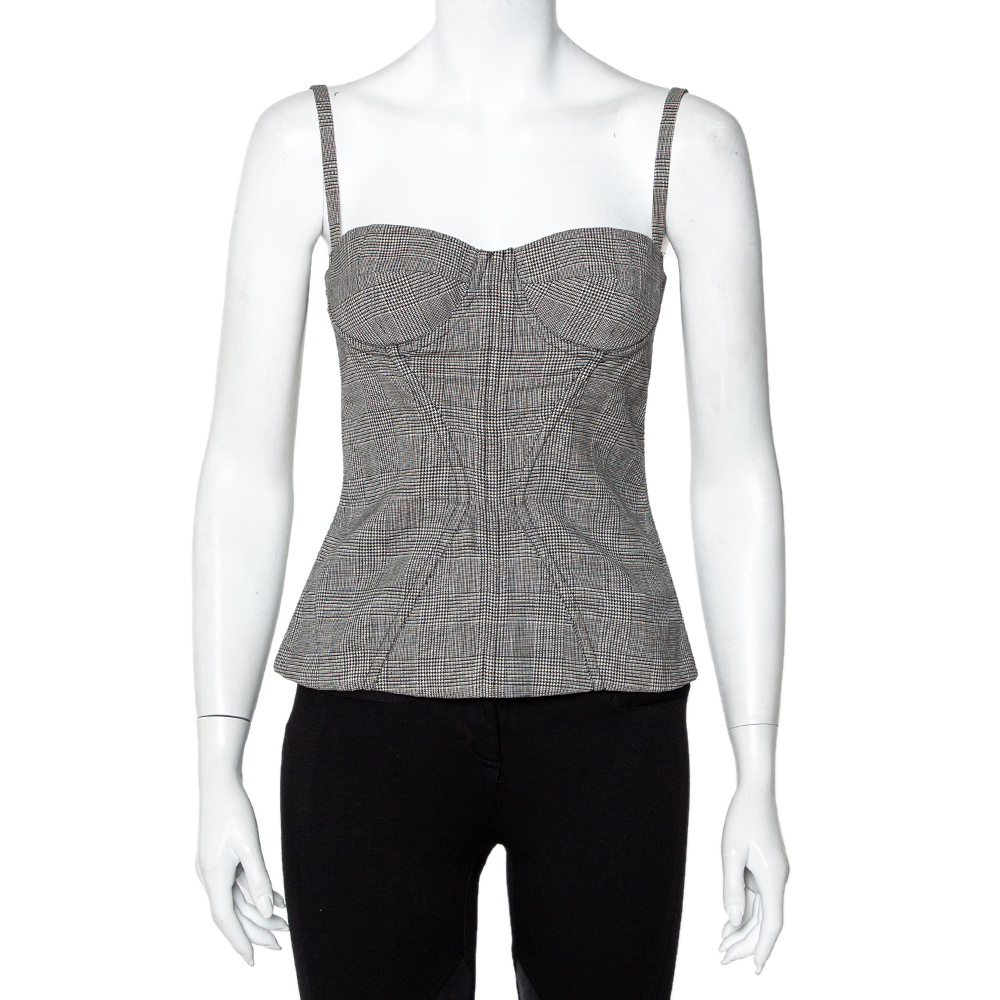 Pre-owned Dolce & Gabbana Monochrome Houndstooth Patterned Silk Corset Crop Top S In Grey