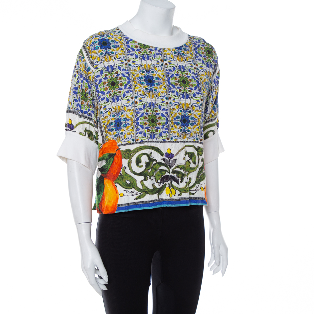 

Dolce & Gabbana Multicolor Majolica Printed Textured Cotton Oversized Crop Top