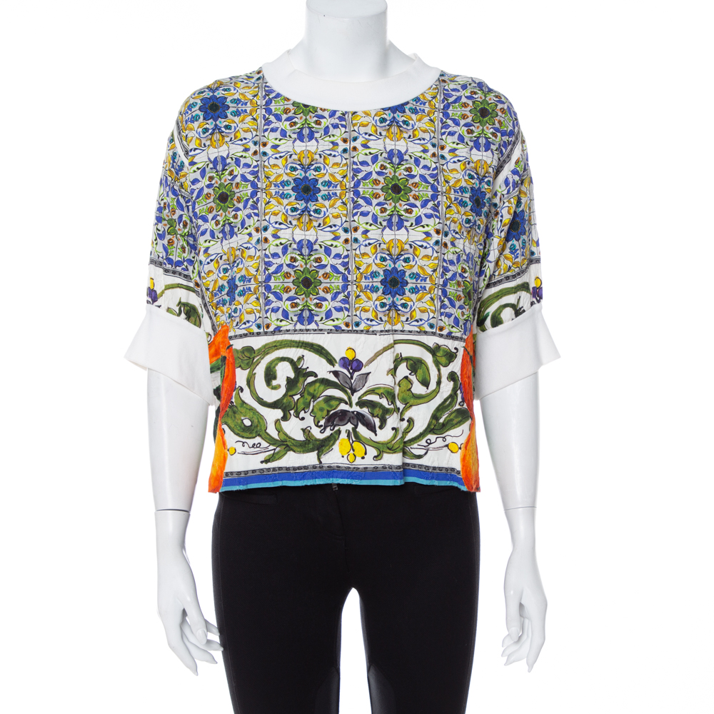 Pre-owned Dolce & Gabbana Multicolor Majolica Printed Textured Cotton Oversized Crop Top S