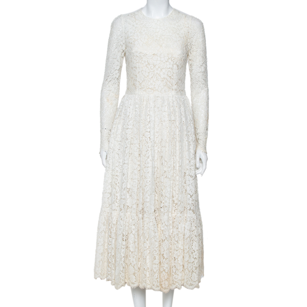 Pre-owned Dolce & Gabbana White Lace Flared Maxi Dress M