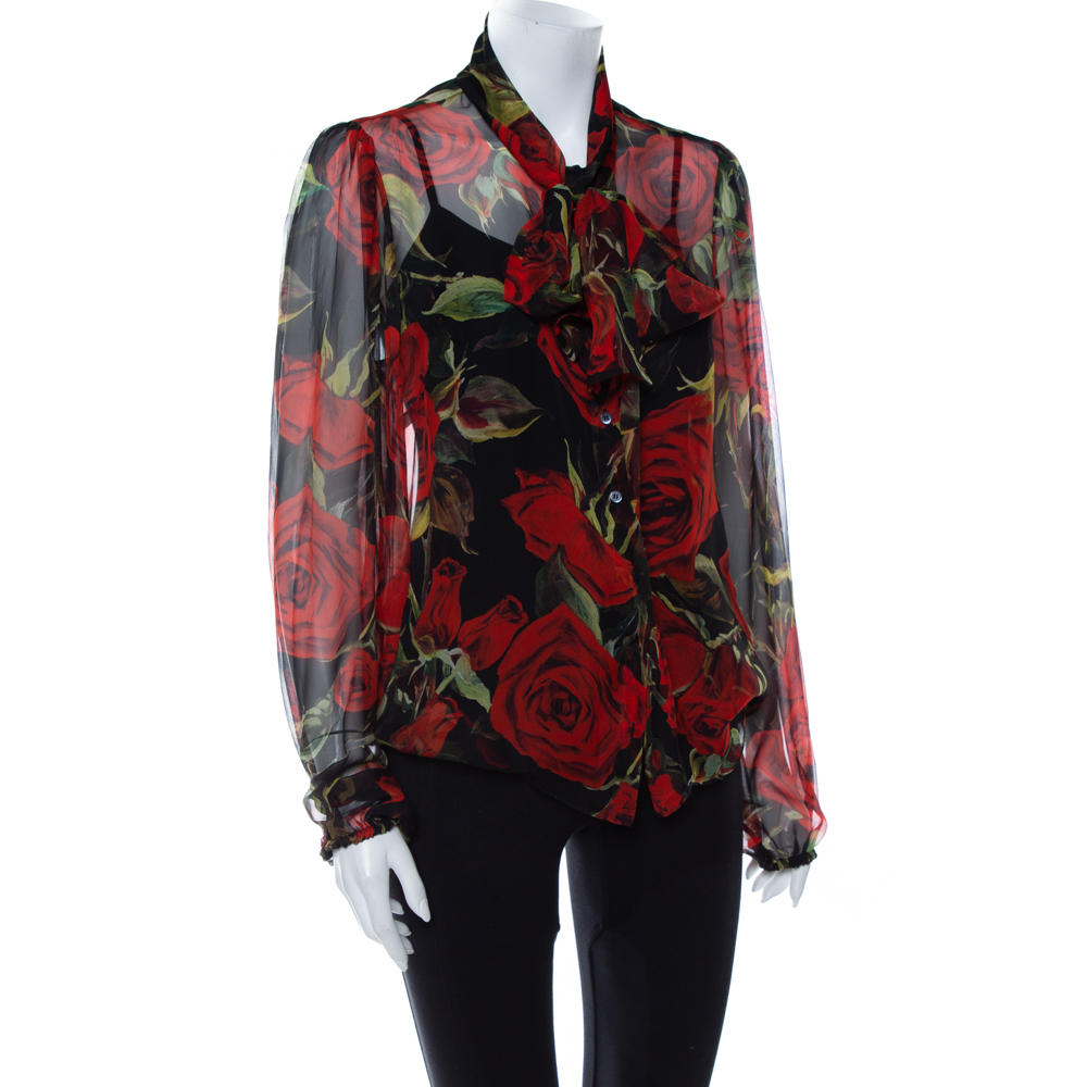 

Dolce & Gabbana Black Rose Printed Silk Neck Tie Detail Top