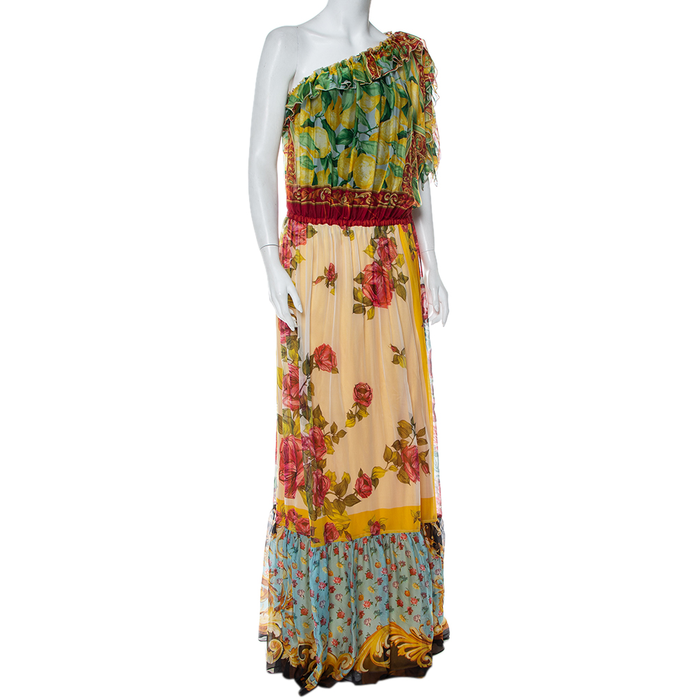 

Dolce & Gabbana Multicolor Printed Silk One Shoulder Maxi Dress