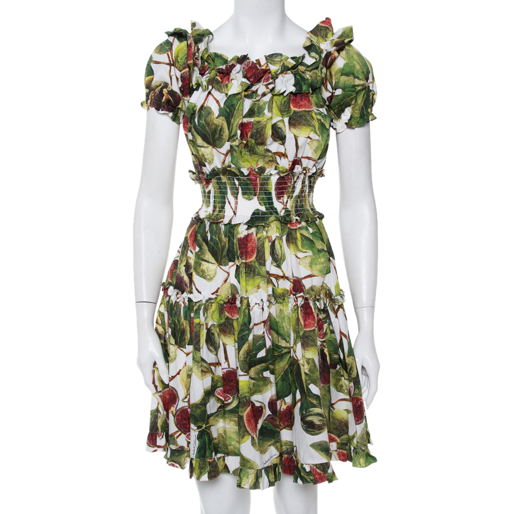Pre-owned Dolce & Gabbana Multicolor Fig Printed Cotton Smocked Detail Off Shoulder Dress S