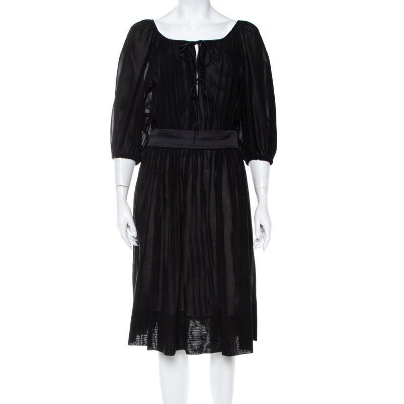 Pre-owned Dolce & Gabbana Black Cotton Belt Detail Flared Midi Dress M