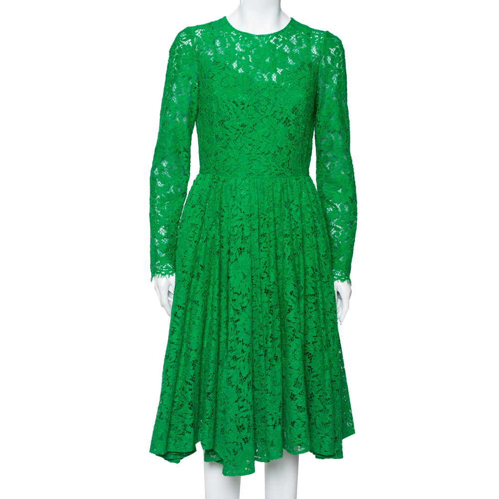 Pre-owned Dolce & Gabbana Green Lace Long Sleeve Midi Dress M