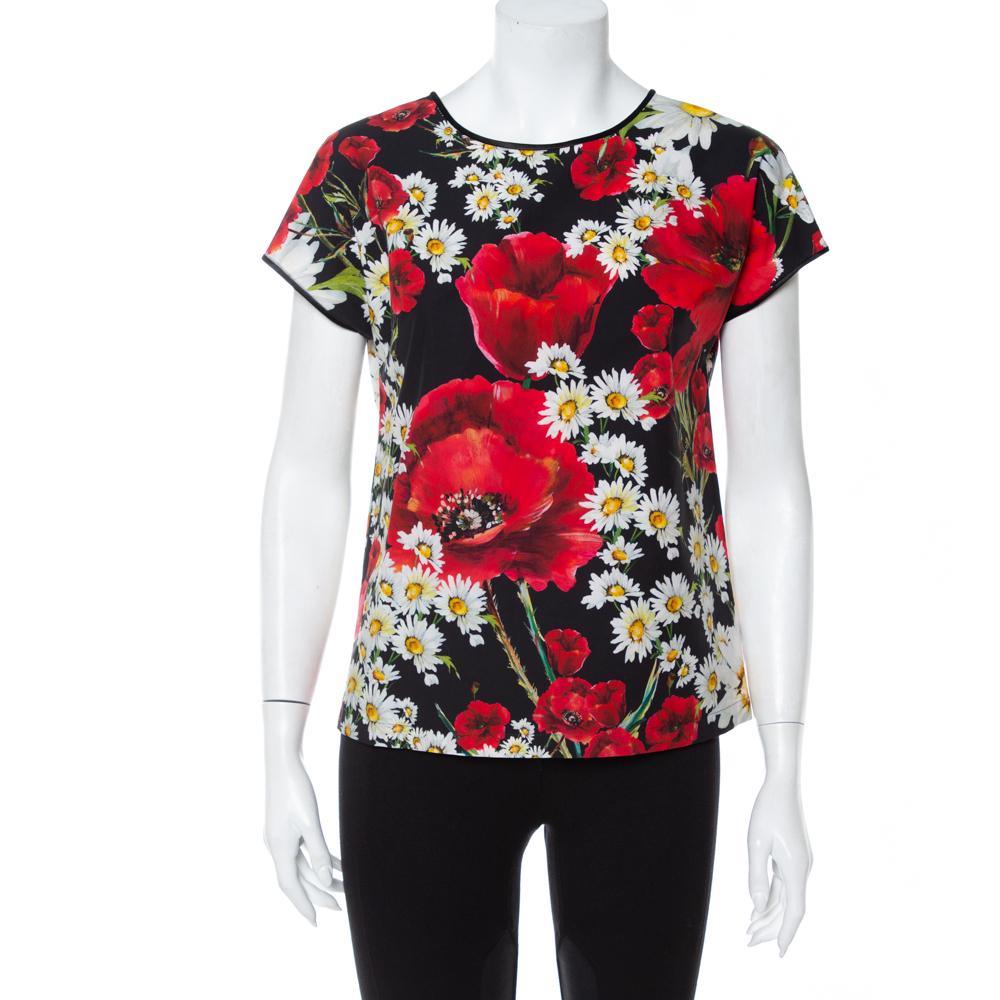 Pre-owned Dolce & Gabbana Black Cotton Poppy & Daisy Printed Top S
