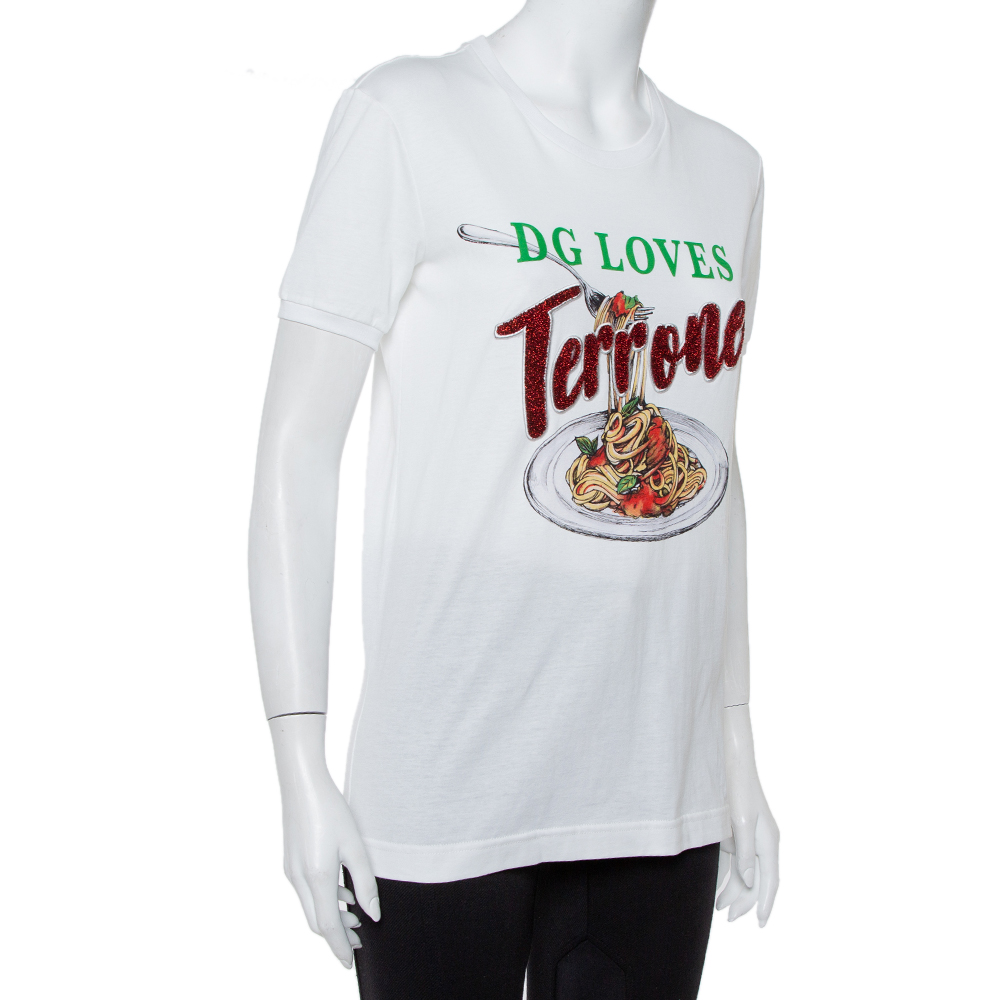 

Dolce and Gabbana White Cotton Pasta Graphic Printed Applique Detail Crewneck T-shirt