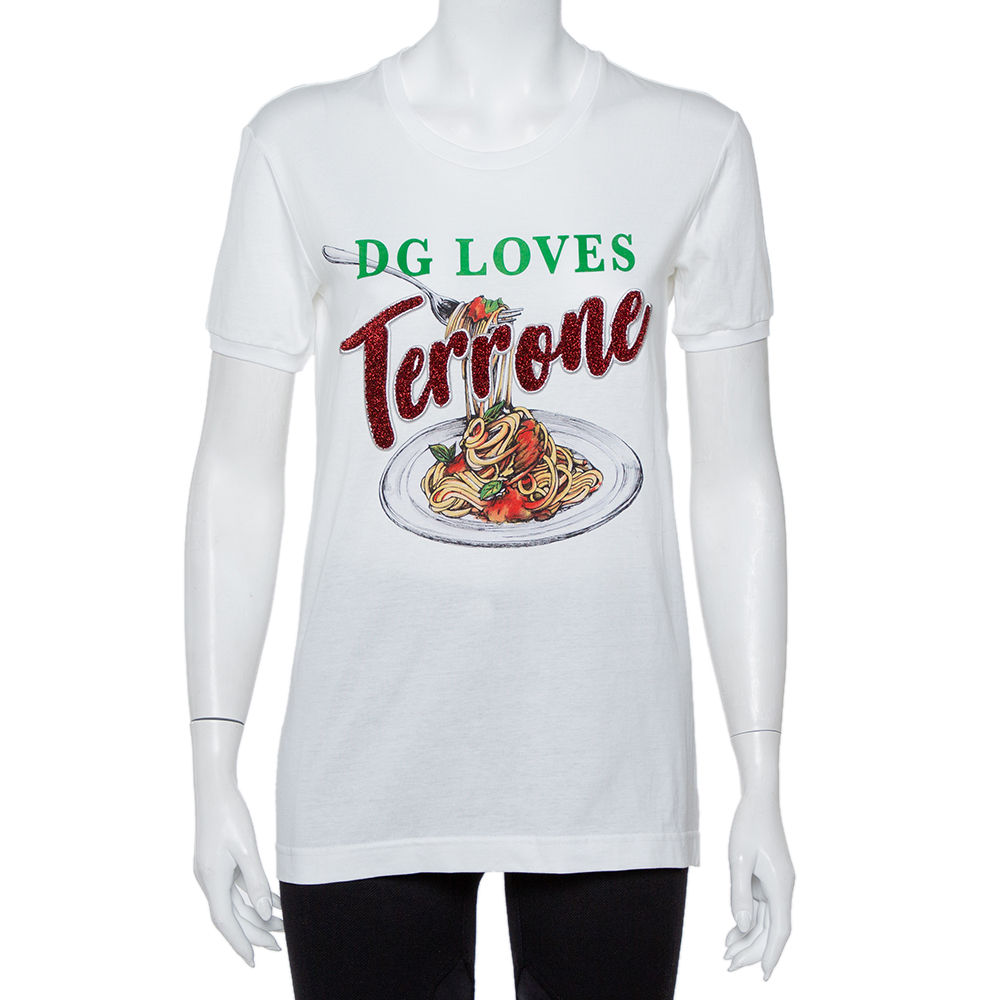 Pre-owned Dolce & Gabbana Dolce And Gabbana White Cotton Pasta Graphic Printed Applique Detail Crewneck T-shirt S