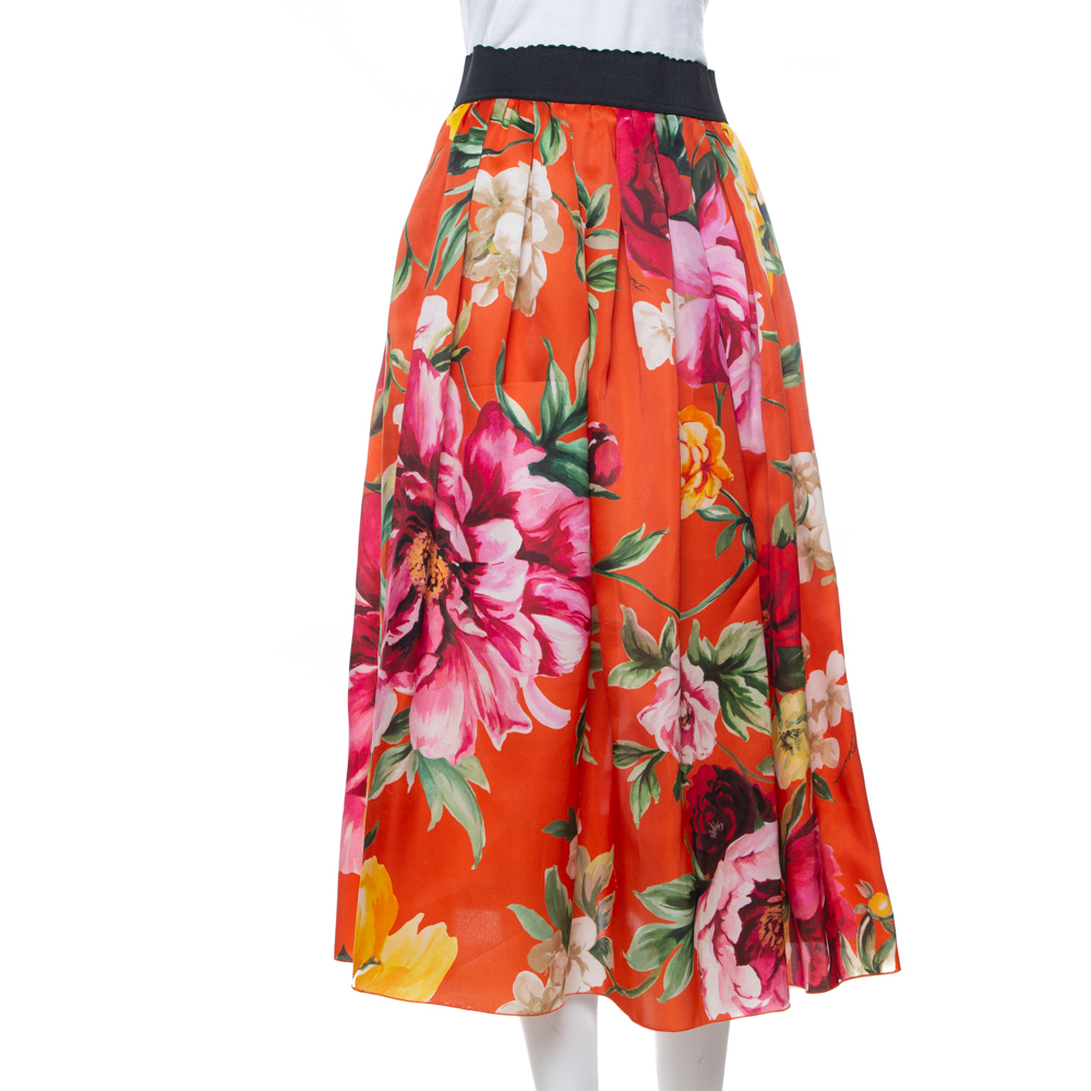 

Dolce & Gabbana Orange Floral Printed Silk Midi Skirt
