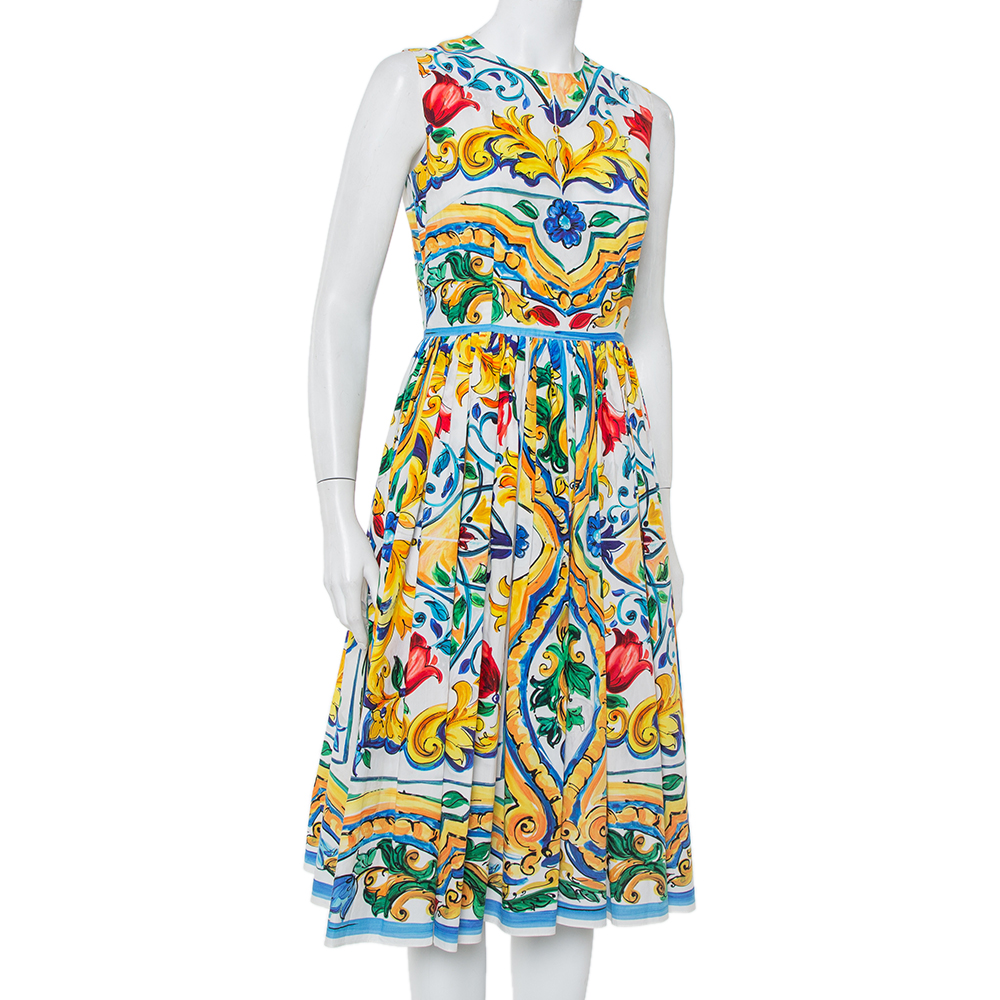 

Dolce & Gabbana Multicolor Maiolica Tile Print Cotton Sleeveless Midi Dress