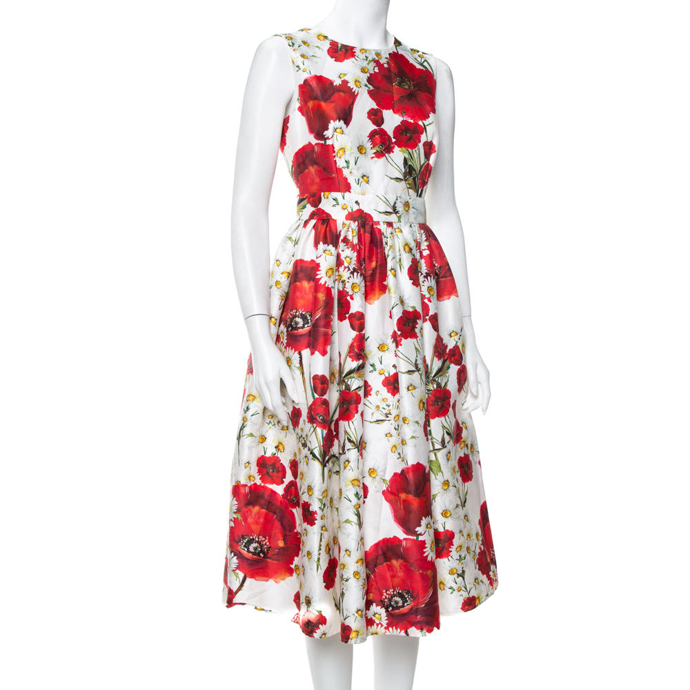 

Dolce & Gabbana White Poppy & Daisy Printed Cotton & Silk Sleeveless Midi Dress