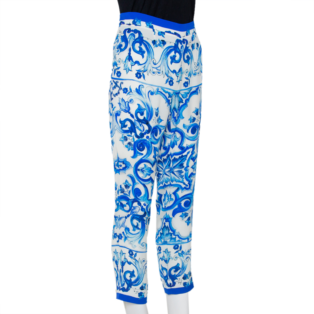 

Dolce & Gabbana White & Blue Majolica Printed Silk Tapered Leg Trousers