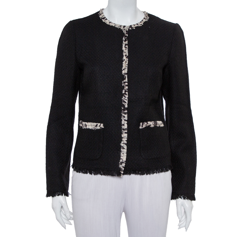 Pre-owned Dolce & Gabbana Black Tweed Contrast Trim Frayed Hem Jacket M