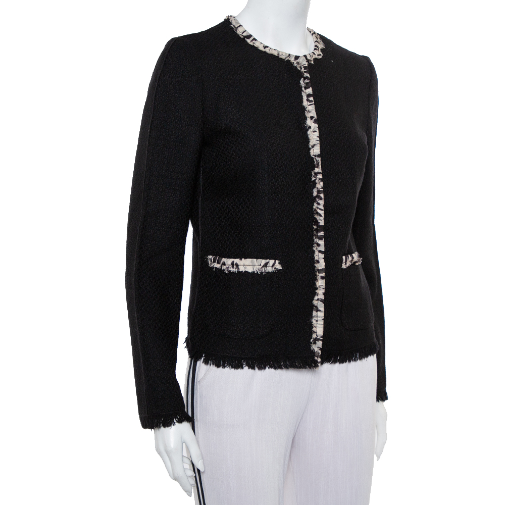 

Dolce & Gabbana Black Tweed Contrast Trim Frayed Hem Jacket
