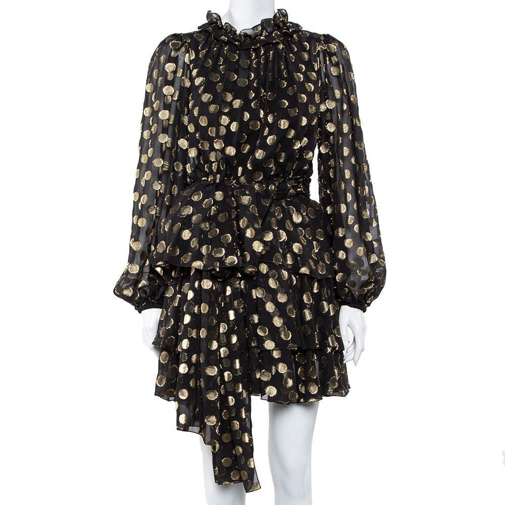 Pre-owned Dolce & Gabbana Black & Gold Lurex Polka Dot Silk Tiered Mini Dress M