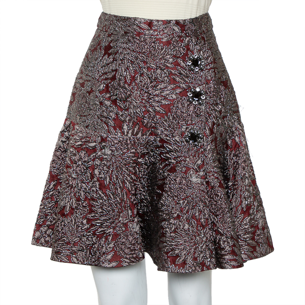 Pre-owned Dolce & Gabbana Burgundy Lurex Jacquard Flared Mini Skirt S