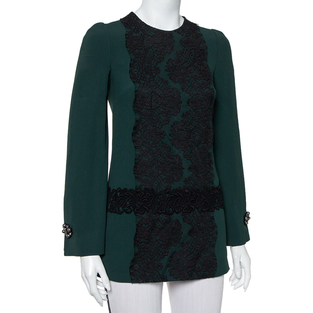 

Dolce & Gabbana Green Crepe Lace Detail Long Sleeve Tunic