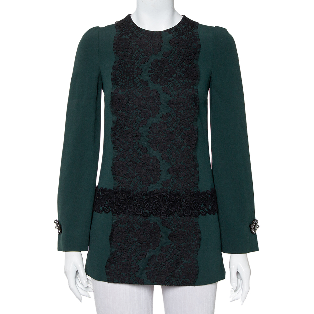 Pre-owned Dolce & Gabbana Green Crepe Lace Detail Long Sleeve Tunic Xs