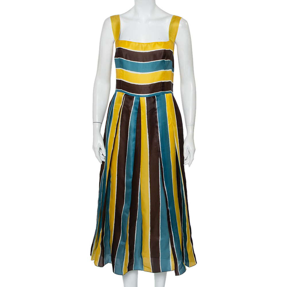 Pre-owned Dolce & Gabbana Multicolor Striped Silk Organza Midi Dress L