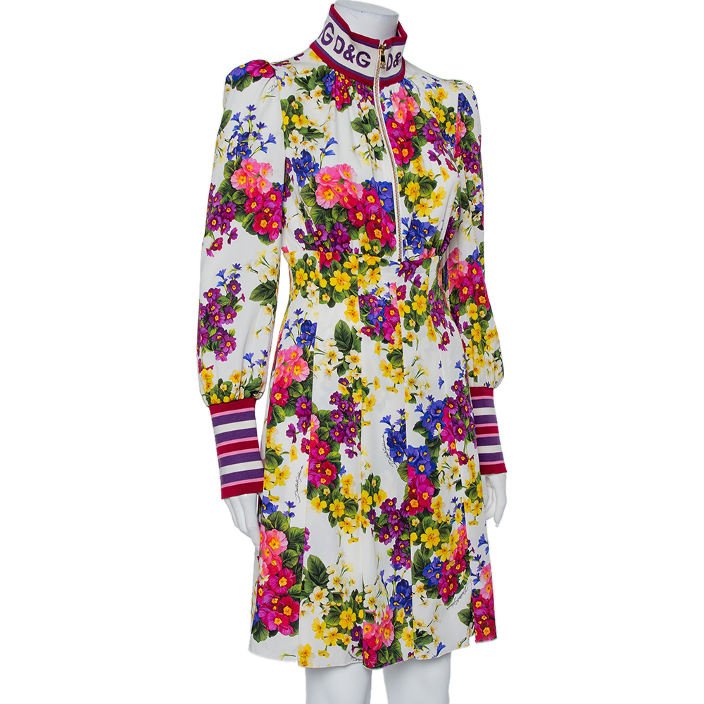 

Dolce & Gabbana White Floral Printed Silk High Collar Charmeuse Mini Dress