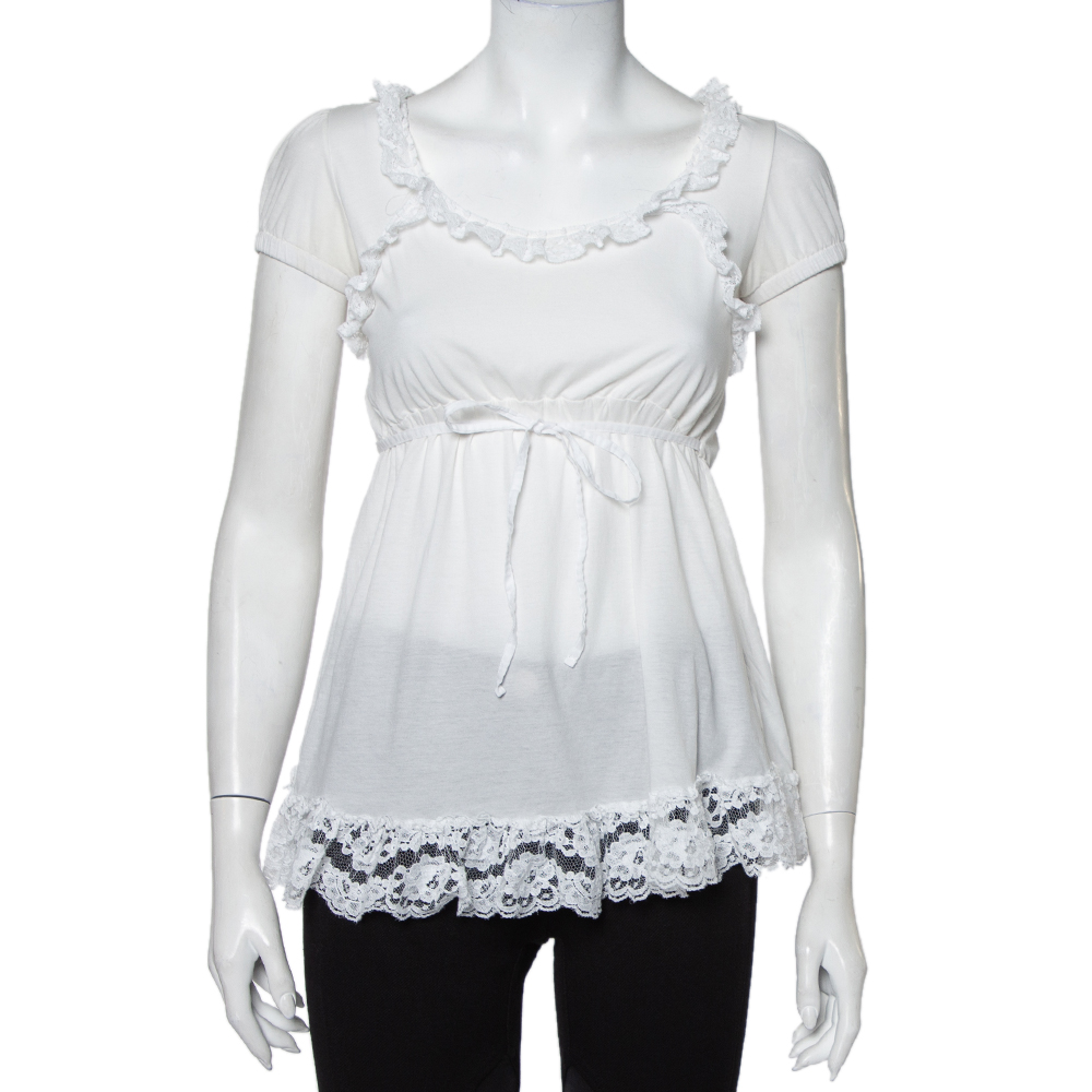 Pre-owned Dolce & Gabbana White Knit Lace Trim Waist Tie Detail Top M