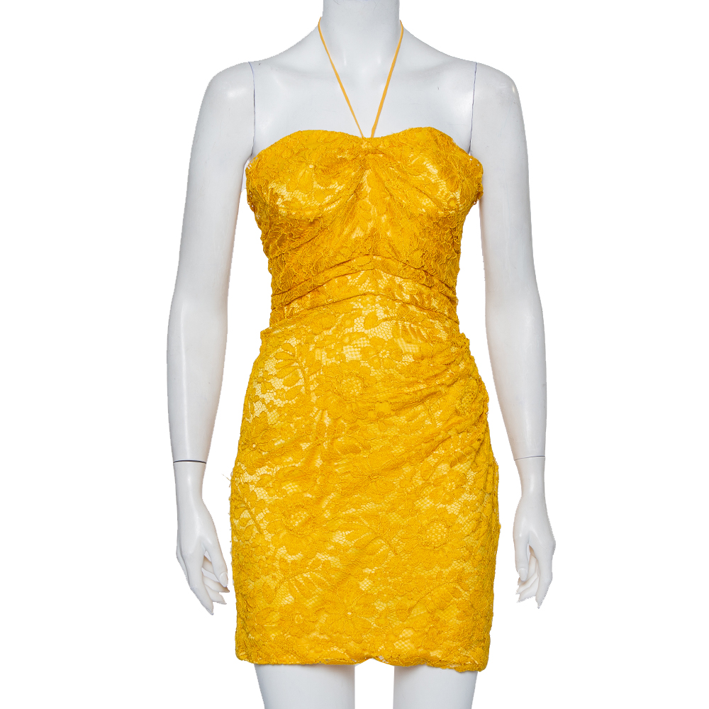 Pre-owned Dolce & Gabbana Yellow Lace Draped Strapless Mini Dress S