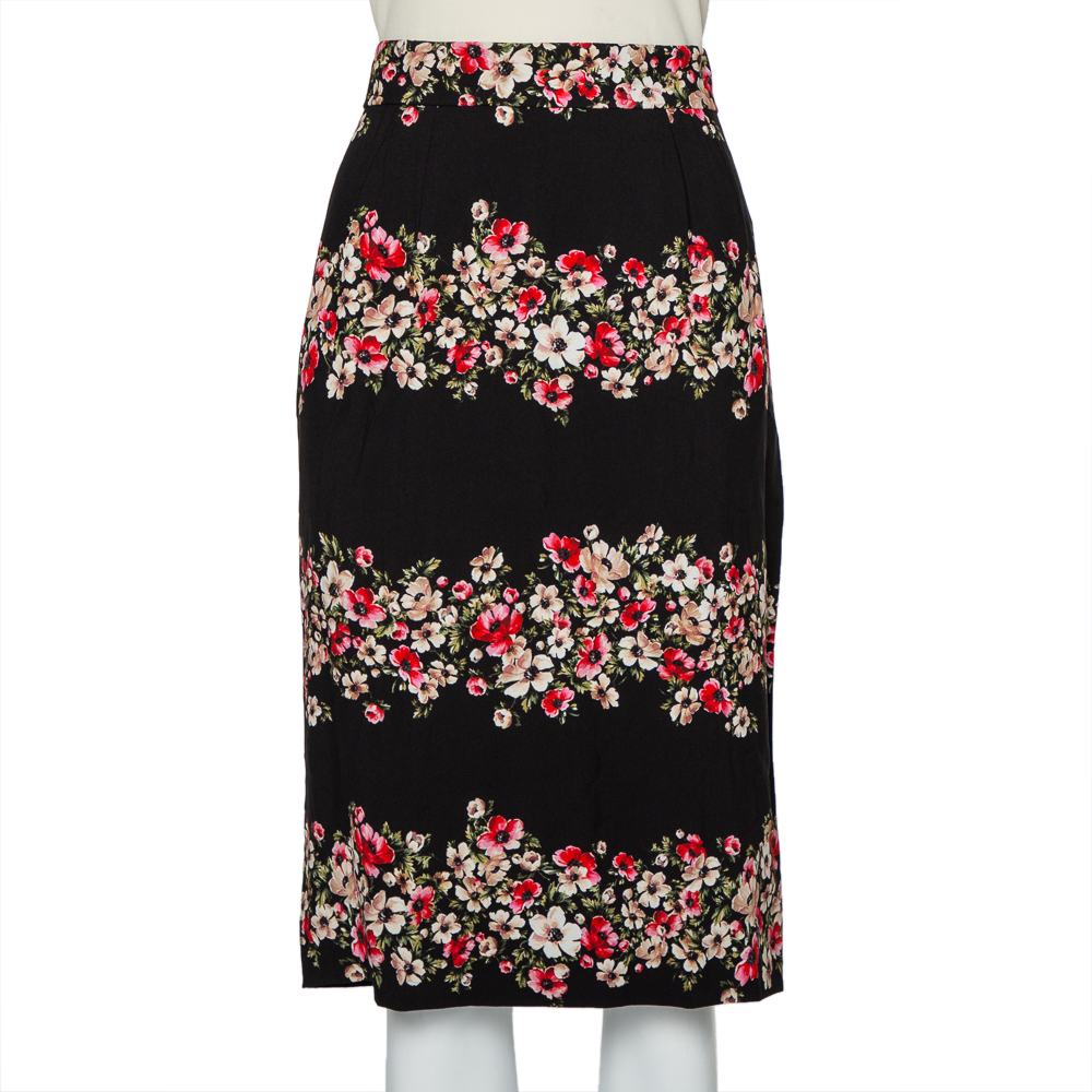 Pre-owned Dolce & Gabbana Black Floral Printed Crepe Pencil Skirt L
