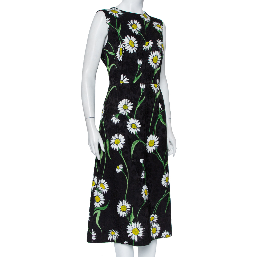 

Dolce & Gabbana Black Floral Jacquard Daisy Printed Sleeveless Midi Dress