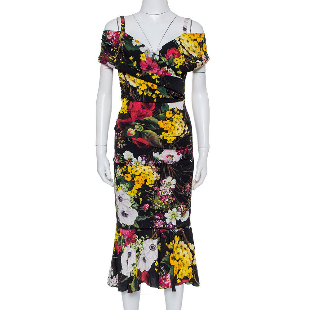 Pre-owned Dolce & Gabbana Black Floral Printed Silk Cold Shoulder Ruched Midi Dress S