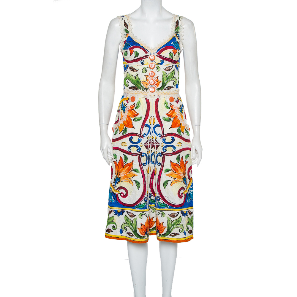 Pre-owned Dolce & Gabbana Multicolor Majolica Printed Jacquard Sleeveless Midi Dress M