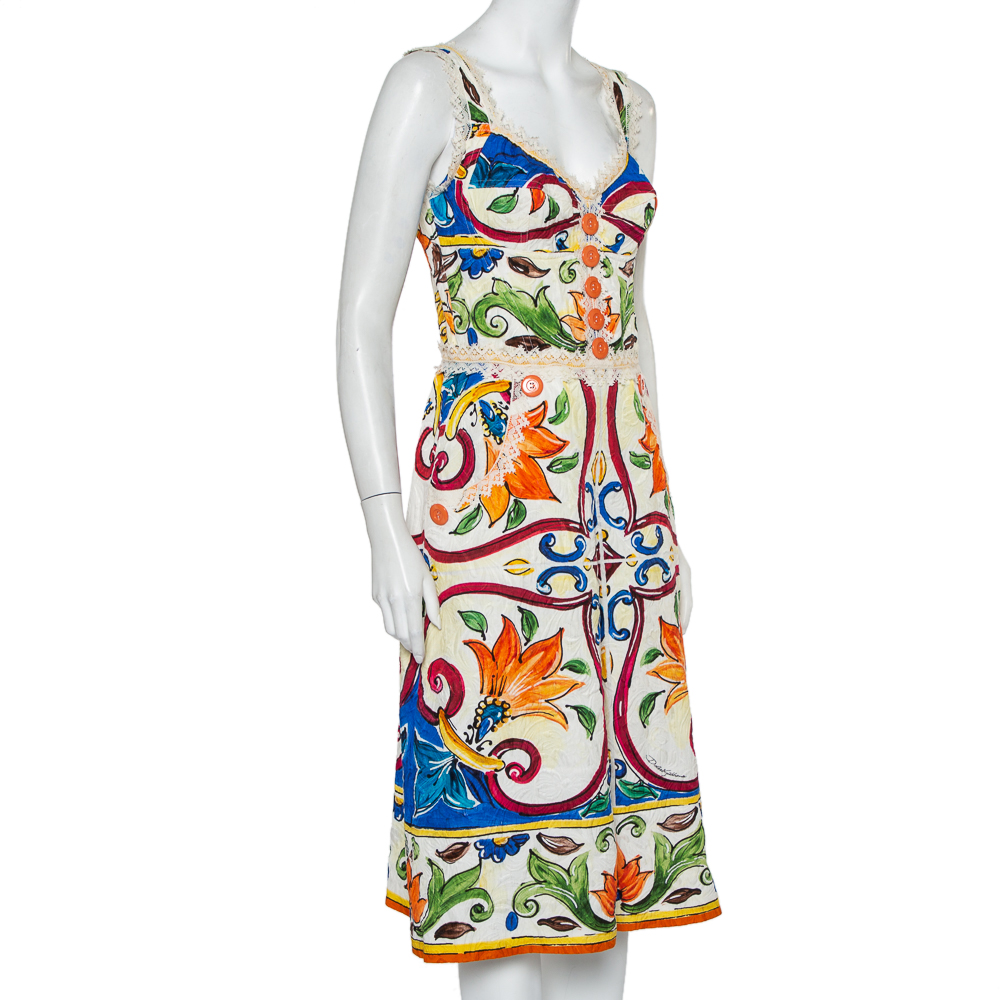 

Dolce & Gabbana Multicolor Majolica Printed Jacquard Sleeveless Midi Dress