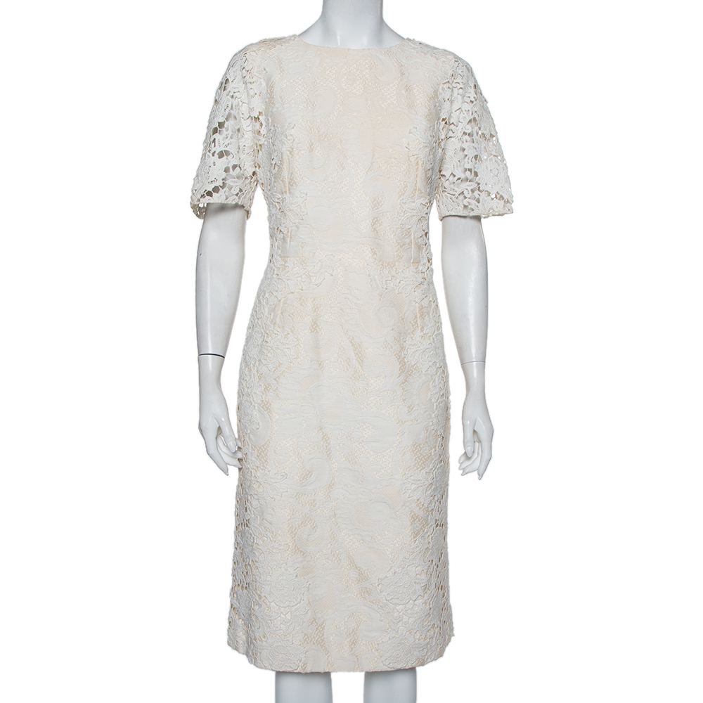 Pre-owned Dolce & Gabbana Cream Jacquard Crochet Trim Detail Midi Dress L