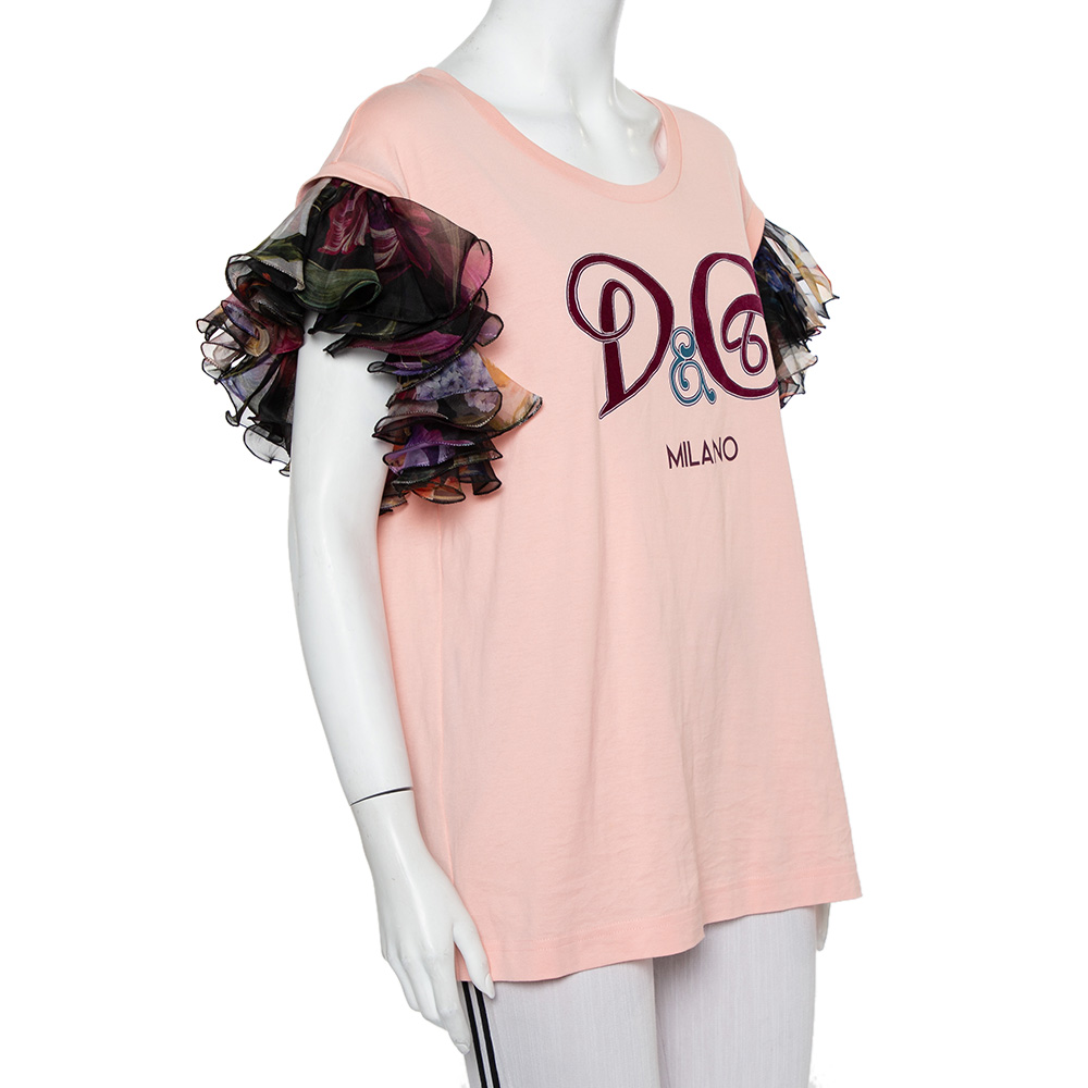 

Dolce & Gabbana Pink Logo Printed Cotton Ruffled Sleeve Detail T-Shirt