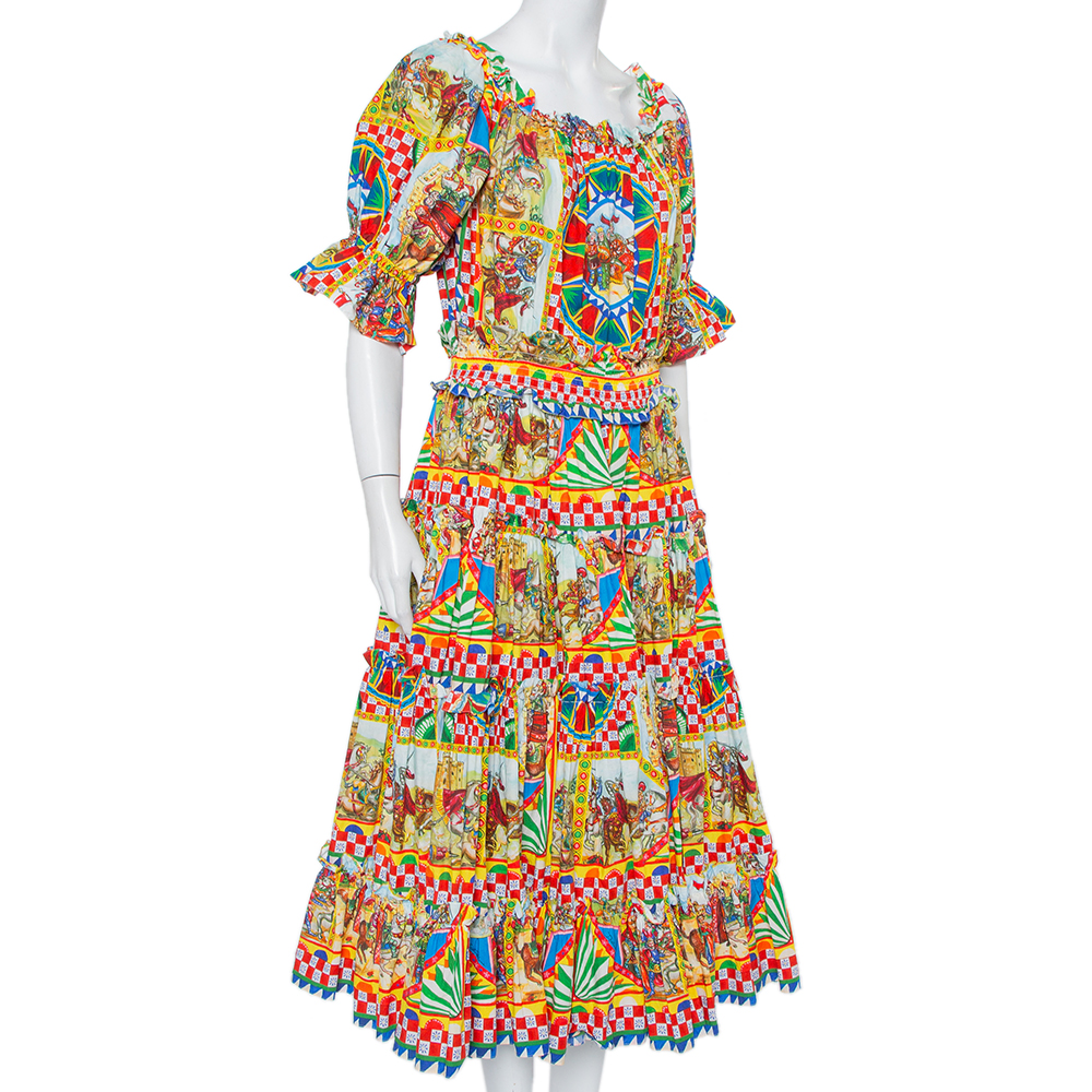 

Dolce & Gabbana Multicolor Carreto Silicano Printed Cotton Tiered Midi Dress