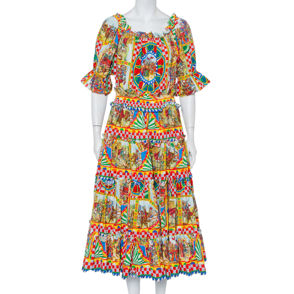 Pre-owned Dolce & Gabbana Multicolor Carreto Silicano Printed Cotton Tiered Midi Dress L