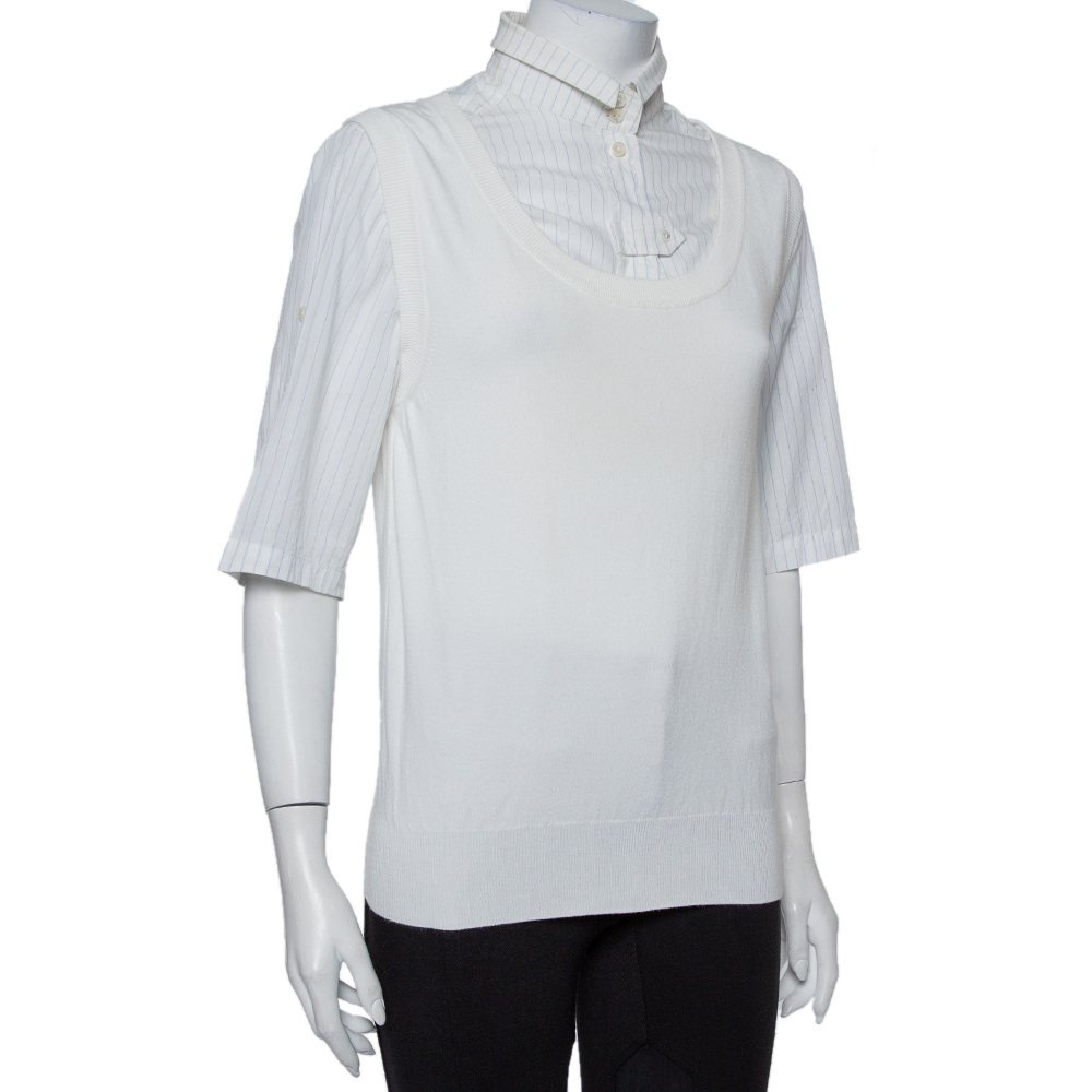 

Dolce & Gabbana White Knit Sleeveless Overlay Detail Collared Top