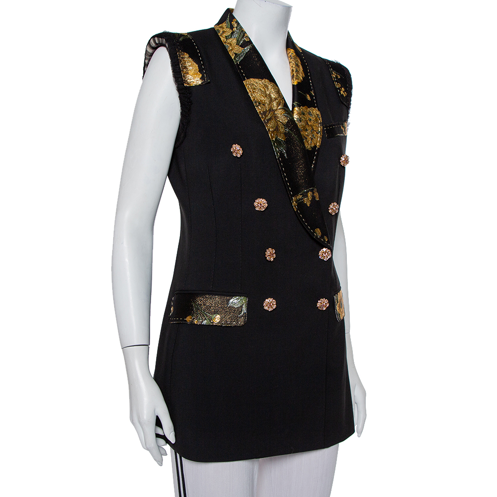 

Dolce & Gabbana Black Wool Brocade Trim Detail Double Breasted Vest