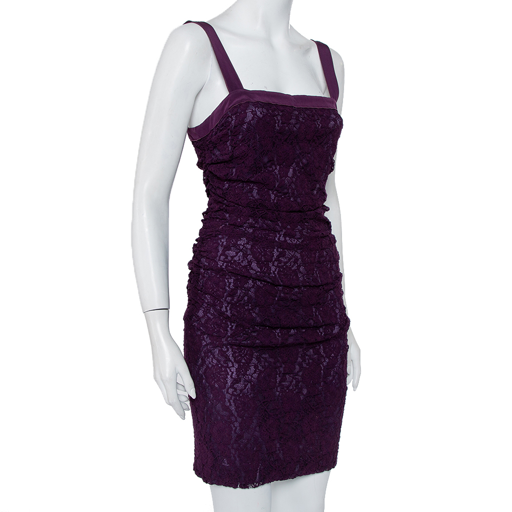 

Dolce & Gabbana Purple Lace Sleeveless Ruched Mini Dress