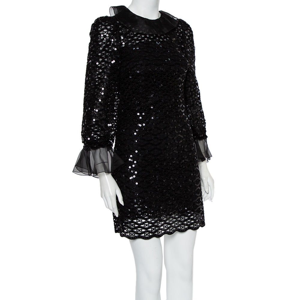 Dolce & Gabbana Black Sequin Embellished Ruffled Trim Shift Dress