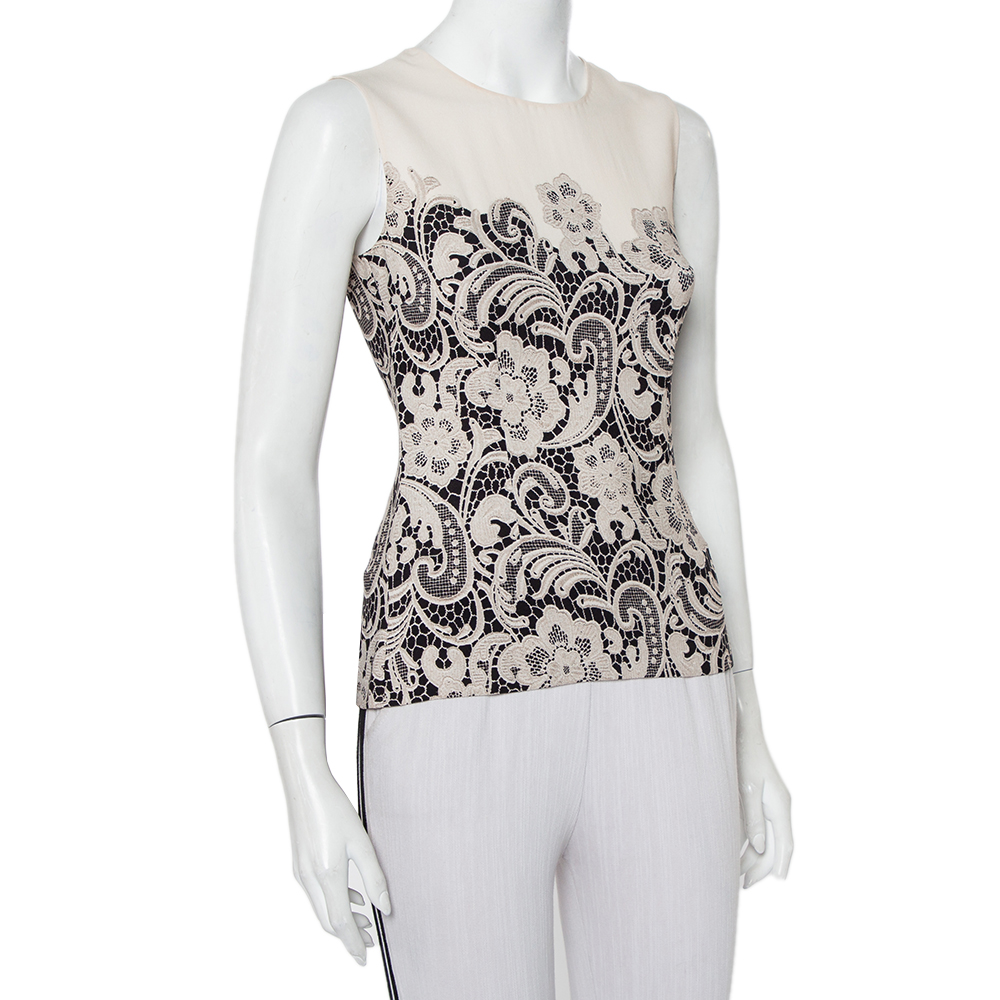 

Dolce & Gabbana Cream Lace Printed Crepe Sleeveless Top