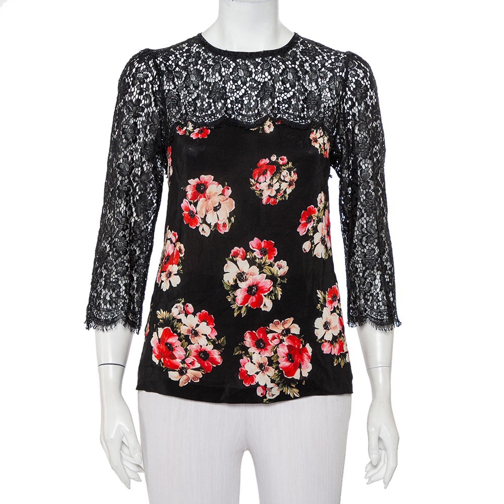 Click to view more detailed imagery on our partner's website Pre-owned Dolce & Gabbana Black Floral Printed Silk & Lace Paneled Top M